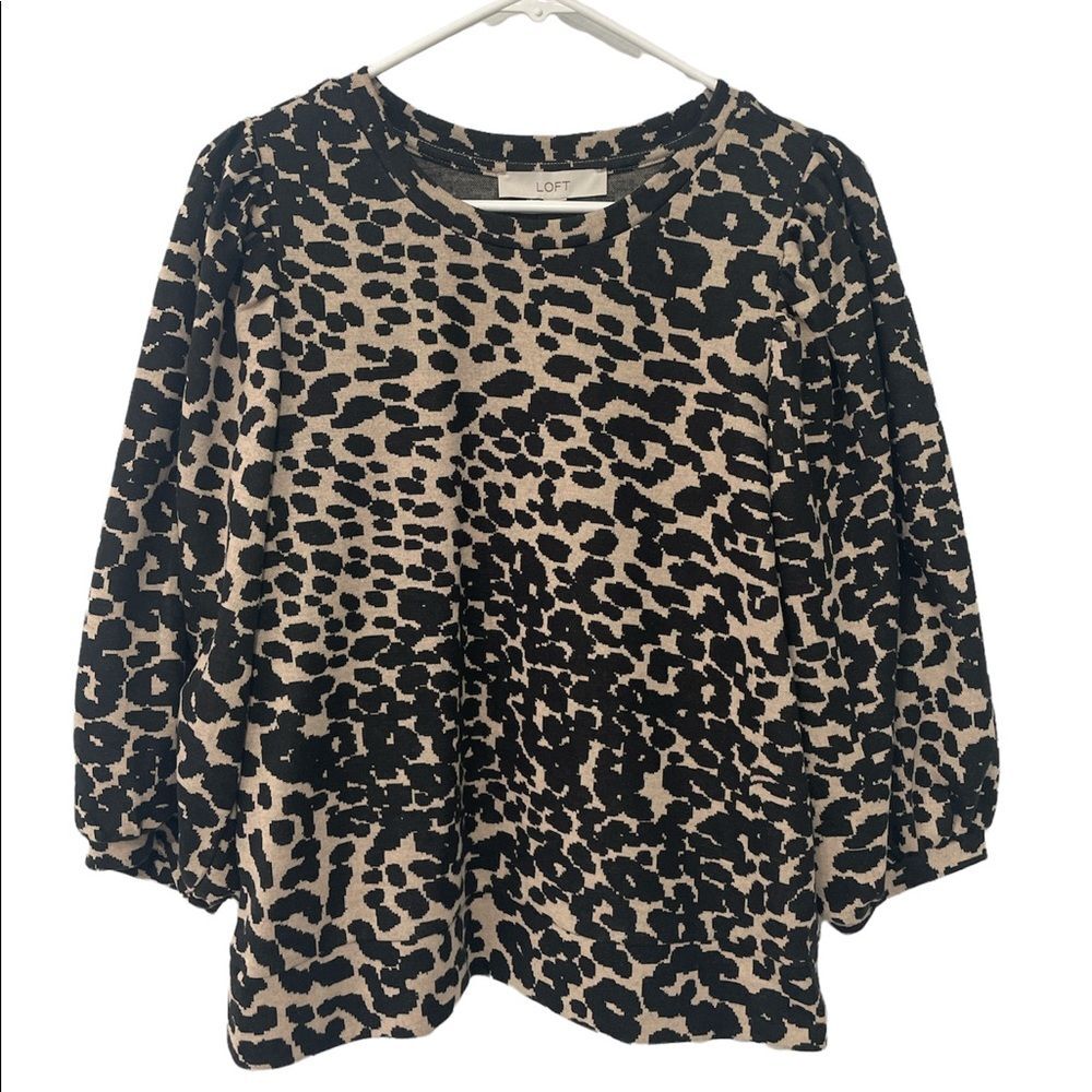 LOFT Women's Black Animal Print Pleated Puff Sleeve Top